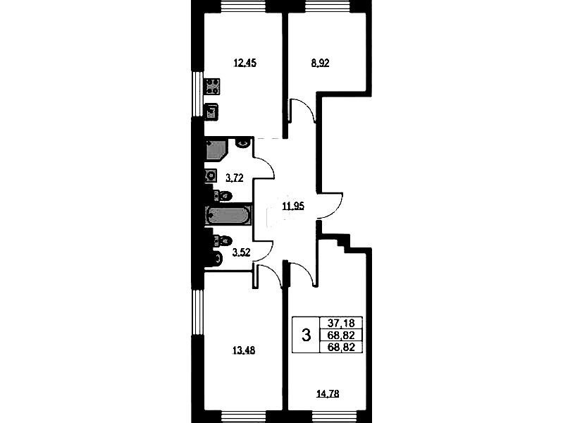 3-комнатная квартира 68.82 м², 1/9 эт., ЖК «Квартал Лаголово»